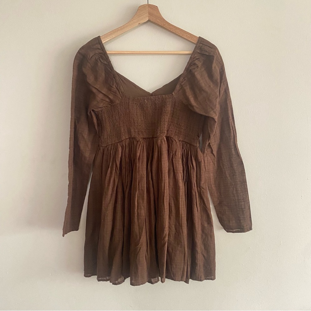 AE Ruched Long-Sleeve Mini Dress in Brown - S - Picture 12 of 16